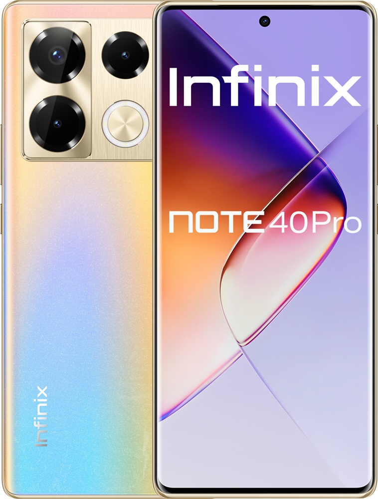 Infinix Note 40 Pro в золотом цвете — вид спереди и сзади