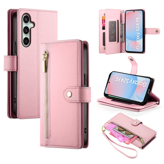 Откидной чехол для Samsung Galaxy S24 FE, Wallet Zipper Pocket, розовый