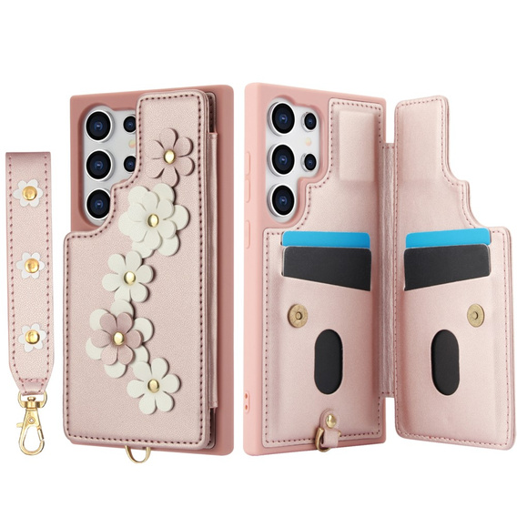 Чохол для Samsung Galaxy S24 Ultra, Leather Flower Card Slot, рожевий