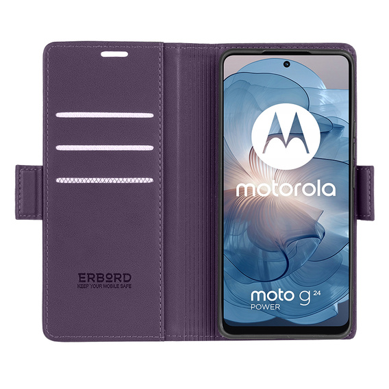 Чехол для Motorola Moto G24 Power, ERBORD Glossy Litchi, кошелек с клапаном, фиолетовый