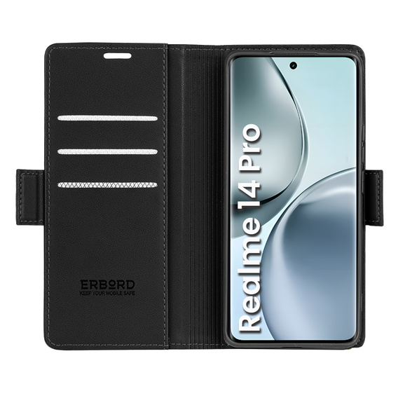 Чохол для Realme 14 Pro 5G, ERBORD Glossy Litchi, гаманець з клапаном, чорний