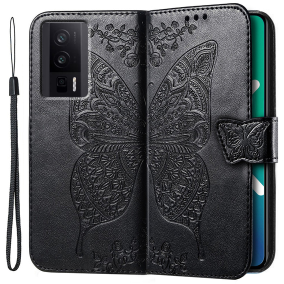 Откидной чехол для Xiaomi Poco F5 Pro, Butterfly, чёрный