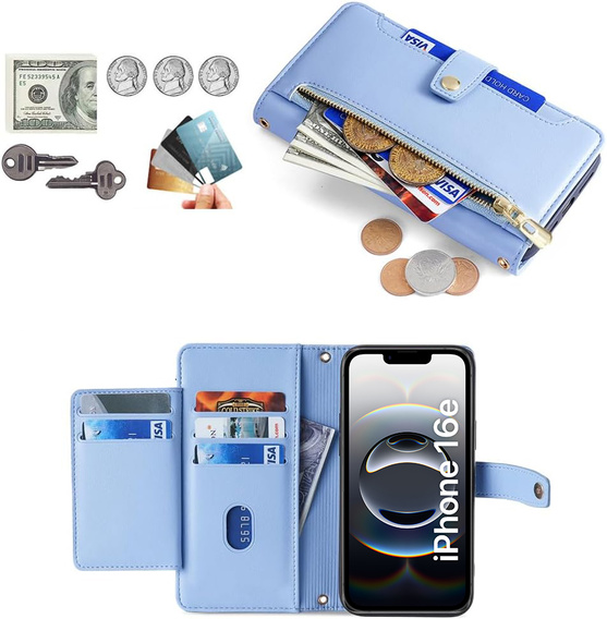 Откидной чехол для iPhone 16E, Wallet Zipper Pocket, синий