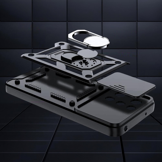 Бронированный чехол для Oppo Reno 14, с защитой камеры, с подставкой, черный
