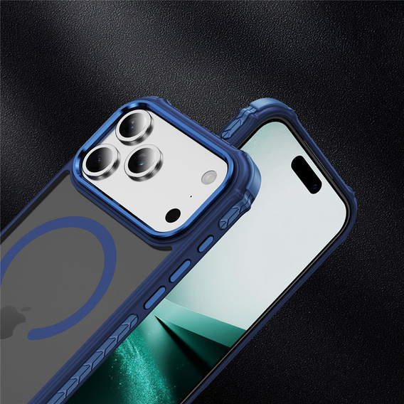Матовий чохол для iPhone 17 Pro, броньований, для MagSafe, димчастий з синіми боковинами
