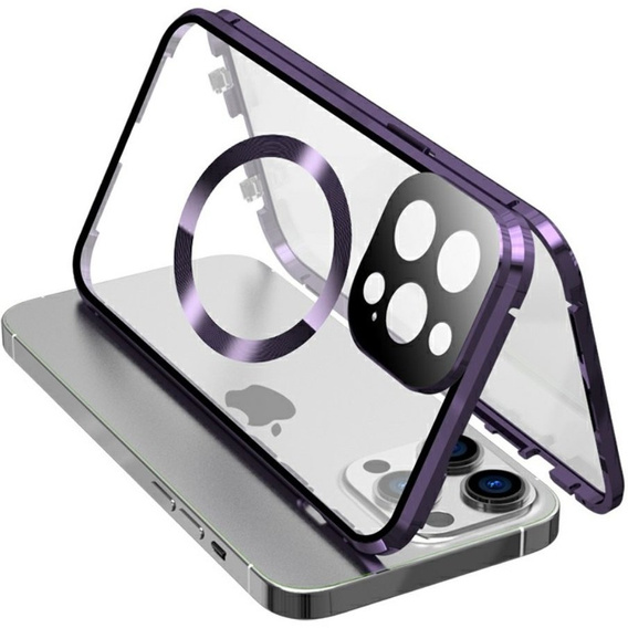 Магнитный чехол с двойным стеклом MagSafe для iPhone 15 Pro, фиолетовый
