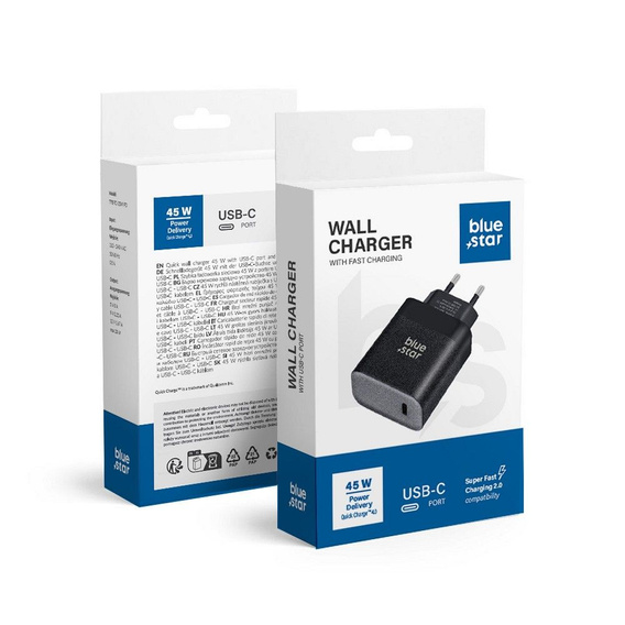 Быстрое зарядное устройство Blue Star 3A 45W, USB-C, черный