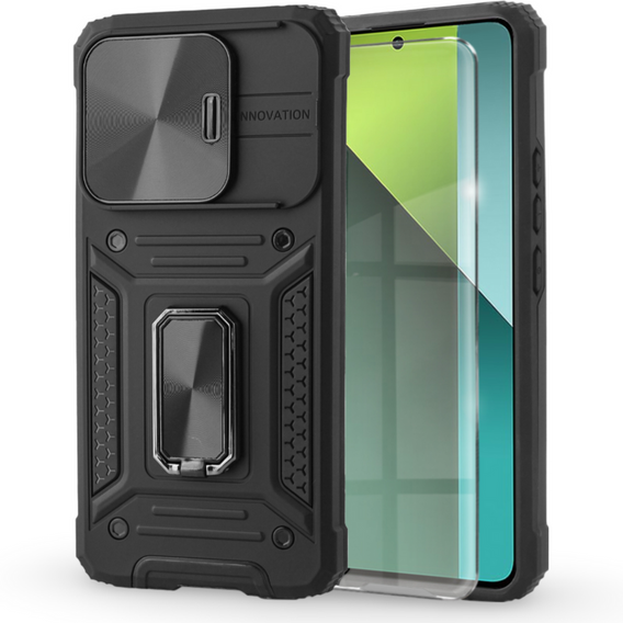 Броньований чохол для Xiaomi Redmi Note 13 Pro 5G, CamShield Slide, чорний + Загартоване скло 9H