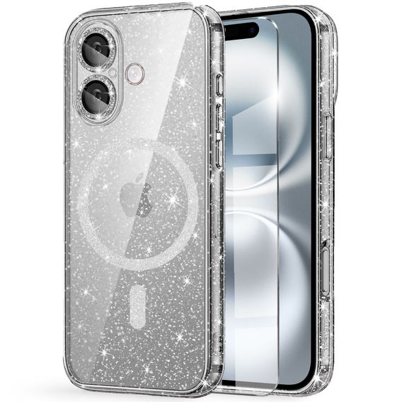 Чохол для iPhone 16, ERBORD Glitter MagSafe, прозорий + Скло для екрану