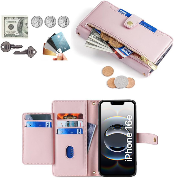 Чохол-книжка для iPhone 16E, Wallet Zipper Pocket, рожевий