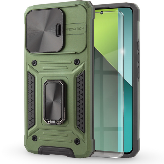 Броньований чохол для Xiaomi Redmi Note 13 Pro 5G, CamShield Slide, зелений + Загартоване скло 9H