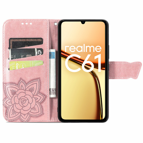 Откидной чехол для Realme C61, Butterfly, розовый rose gold
