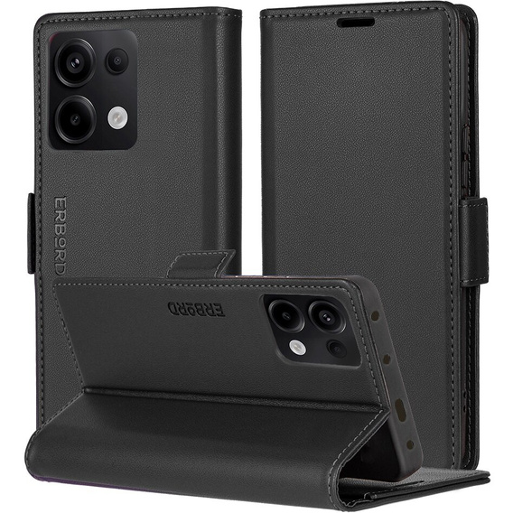 Чехол для Xiaomi Redmi Note 13 Pro 4G / Xiaomi Redmi Note 14S / Xiaomi Poco M6 Pro 4G, ERBORD Glossy Litchi, кошелек с клапаном, чёрный