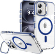 Чехол для iPhone 17, для MagSafe, с подставкой, прозрачный с темно-синими вставками