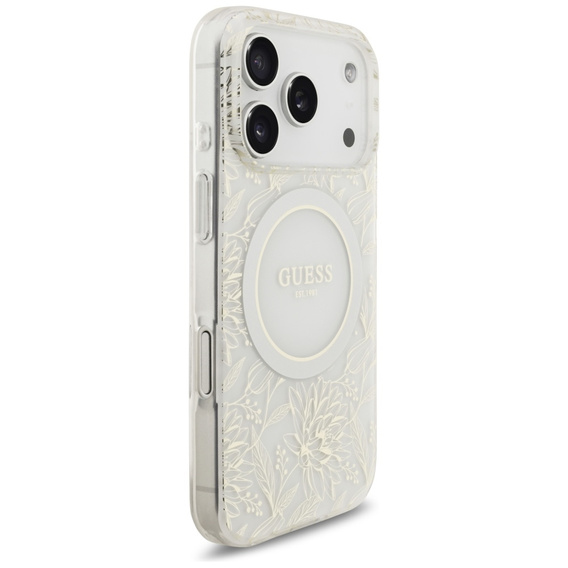 Чехол Guess IML Flowers Electroplated Allover With Beads Strap, для MagSafe, с ремешком для iPhone 17 Pro