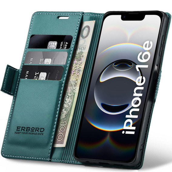 Чехол для Iphone 16E, ERBORD Glossy Litchi, кошелек с клапаном, зелёный