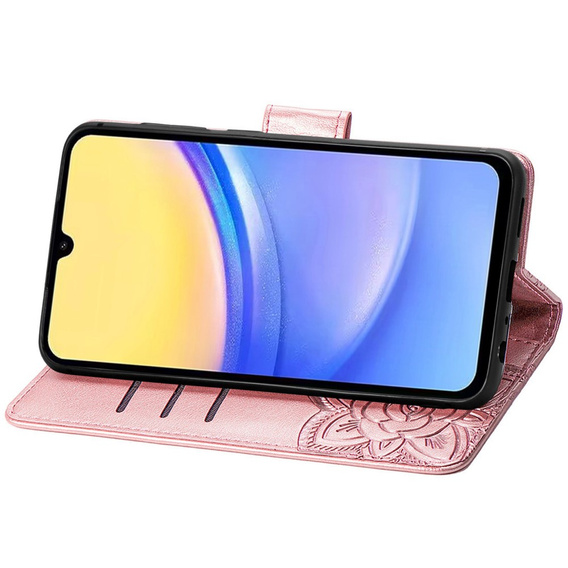 Откидной чехол для Samsung Galaxy A15, Butterfly Flower, розовый rose gold + 9H стекло  