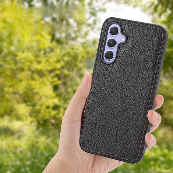 Кожаный чехол для Samsung Galaxy A25 5G, Lychee leather Case, черный + 9H стекло