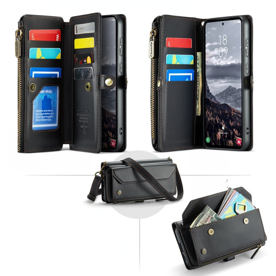 Чохол CASEME для Samsung Galaxy S24 FE, RFID Leather Wallet з плечовим ременем, чорний