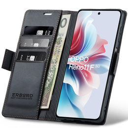 Чехол для Oppo Reno 11F, ERBORD Glossy Litchi, кошелек с клапаном, чёрный