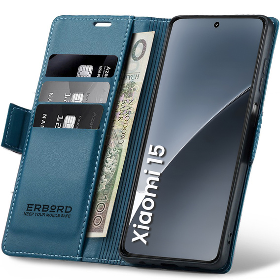 Чехол для Xiaomi 15, ERBORD Glossy Litchi, кошелек с клапаном, синий
