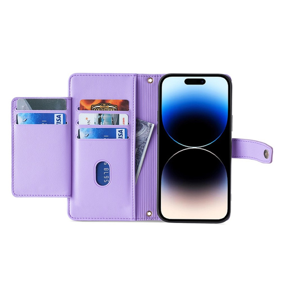 Откидной чехол для iPhone 14 Pro, Wallet Zipper Pocket, фиолетовый