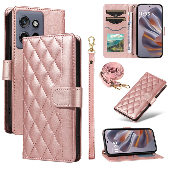 Чохол-сумка для Motorola Edge 50 Neo / Motorola ThinkPhone 25, Rhombus Crossbody Leather, рожевий rose gold