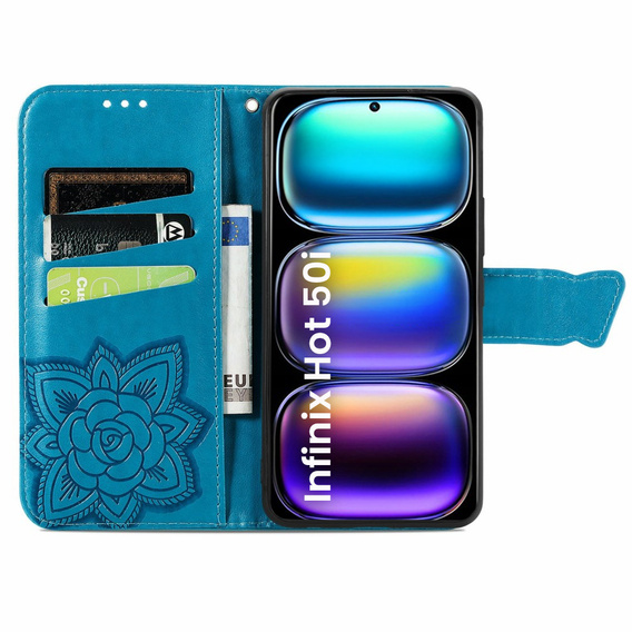 Откидной чехол для Infinix Hot 50i 4G, Butterfly, синий