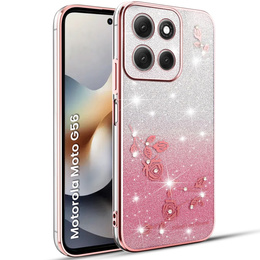 Чехол для Motorola Moto G56 5G, Glitter Flower, розовый rose gold