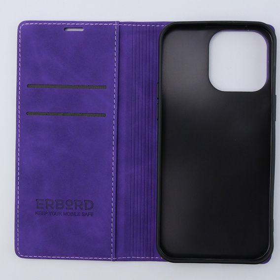 Чехол для iPhone 15 Pro, ERBORD Vintage, бумажник с клапаном, фиолетовый