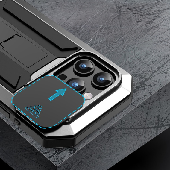 Чехол для iPhone 15 Pro, R-JUST CamShield Slide, бронированный, серебряный / черный