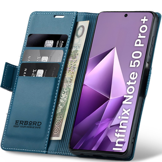 Чехол для Infinix Note 50 Pro+, ERBORD Glossy Litchi, кошелек с клапаном, синий