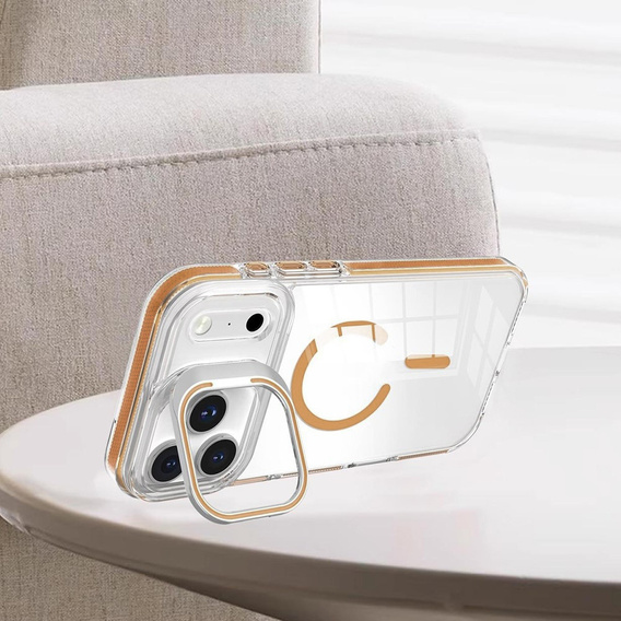 Чохол для iPhone 17 Pro, для MagSafe, з підставкою, прозорий із золотими вставками