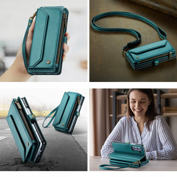 Чехол CASEME для Samsung Galaxy Z Fold6 5G, RFID Leather Wallet, с плечевым ремнем, зелёный