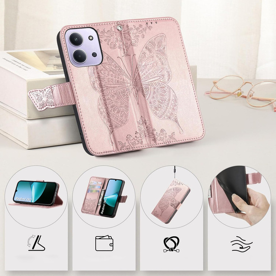Чохол-книжка для Xiaomi Redmi 15C 4G/LTE, Butterfly, рожевий rose gold