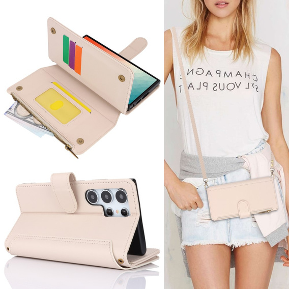 Чохол-книжка для Samsung Galaxy S24 Ultra, Wallet Zipper Pocket RFID, з плечовим ременем, чорний