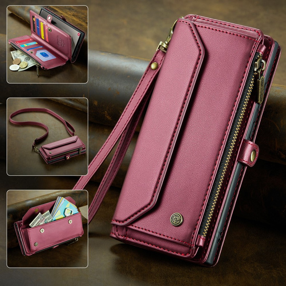 Чехол CASEME для Samsung Galaxy S25 Ultra, RFID Leather Wallet, с плечевым ремнем, красный