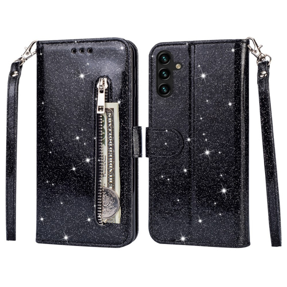 Откидной чехол для Samsung Galaxy A35 5G, Wallet Zipper Pocket Glittery, чёрный