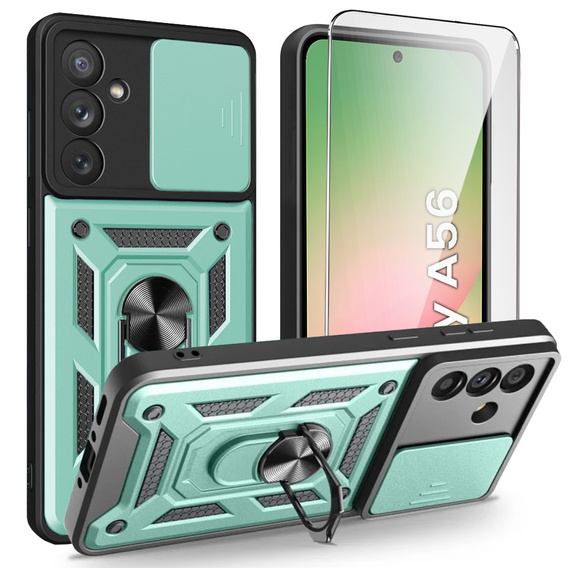 Бронированный чехол для Samsung Galaxy A56, CamShield Slide, зелёный + закаленное стекло 9H