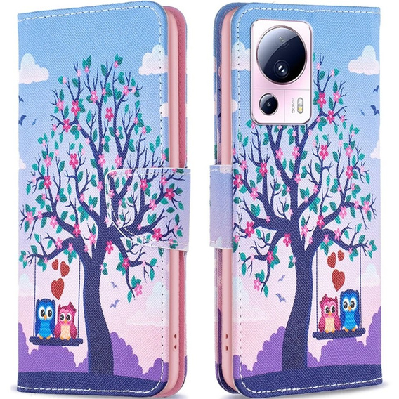 Откидной чехол для Xiaomi 13 Lite, Wallet, tree & owls, синий