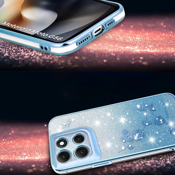 Чехол для Motorola Moto G56 5G, Glitter Flower, синий