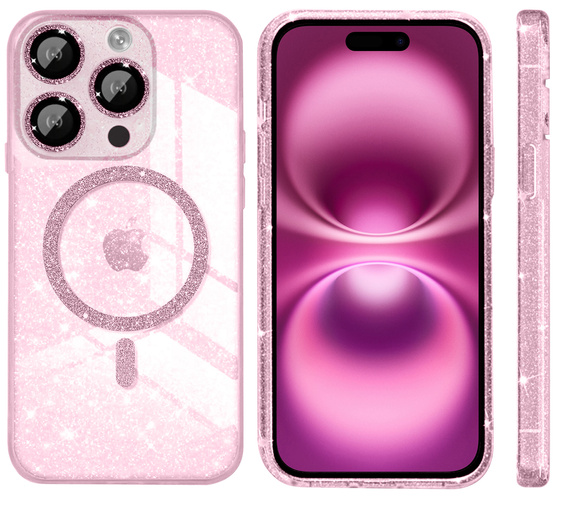 Чохол для iPhone 16 Pro Max, ERBORD Glitter MagSafe, рожевий + Скло для екрану
