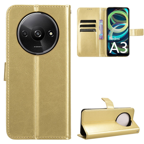 Откидной чехол для Xiaomi Redmi A3, Crazy Horse Wallet, золотой