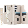 Чехол для Samsung Galaxy S24 Ultra, Leather Flower Card Slot, бежевый