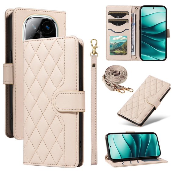 Чохол-сумка для Xiaomi Redmi Note 14 Pro 5G / Xiaomi Redmi Note 14 Pro+ 5G / Xiaomi Poco X7 5G, Rhombus Crossbody Leather, бежевий