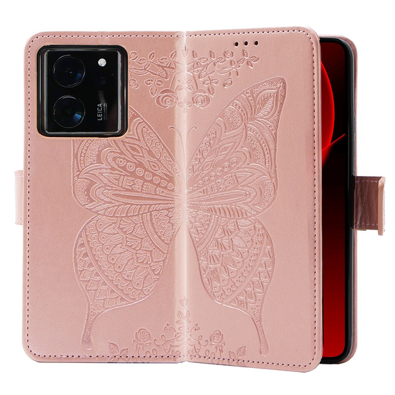 Откидной чехол для Xiaomi 13T / 13T Pro, Butterfly, розовый rose gold