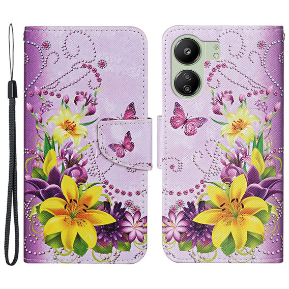 Откидной чехол для Xiaomi Redmi 13C / Poco C65, Wallet, Flowers and Butterflies, фиолетовый