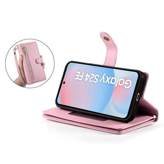 Откидной чехол для Samsung Galaxy S24 FE, Wallet Zipper Pocket, розовый