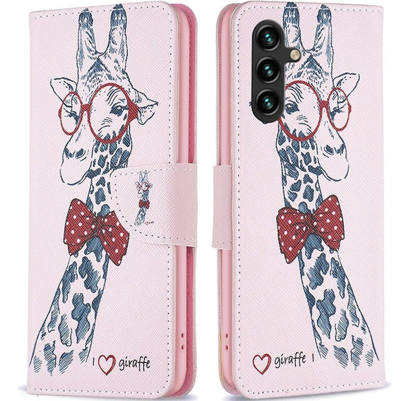 Откидной чехол для Samsung Galaxy A25 5G, Wallet, giraffe, розовый + 9H стекло 