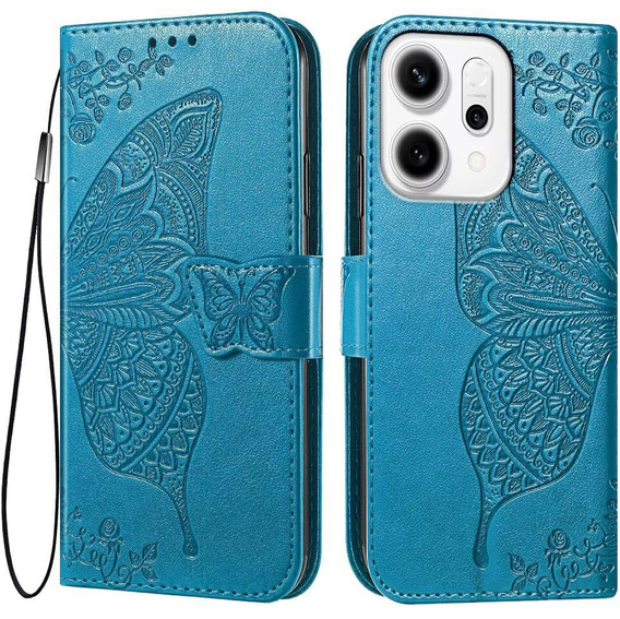 Чехол с крышкой для Oppo Reno 14, Butterfly, бумажник, синий